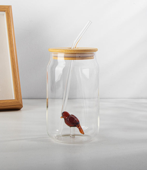 كوب كوكا كولا زجاجي مع مجسّم عصفور وغطاء وشفاطة - 7.5×13.5سم