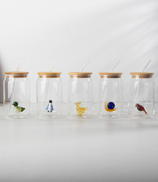 كوب كوكا كولا زجاجي مع مجسّم عصفور وغطاء وشفاطة - 7.5×13.5سم