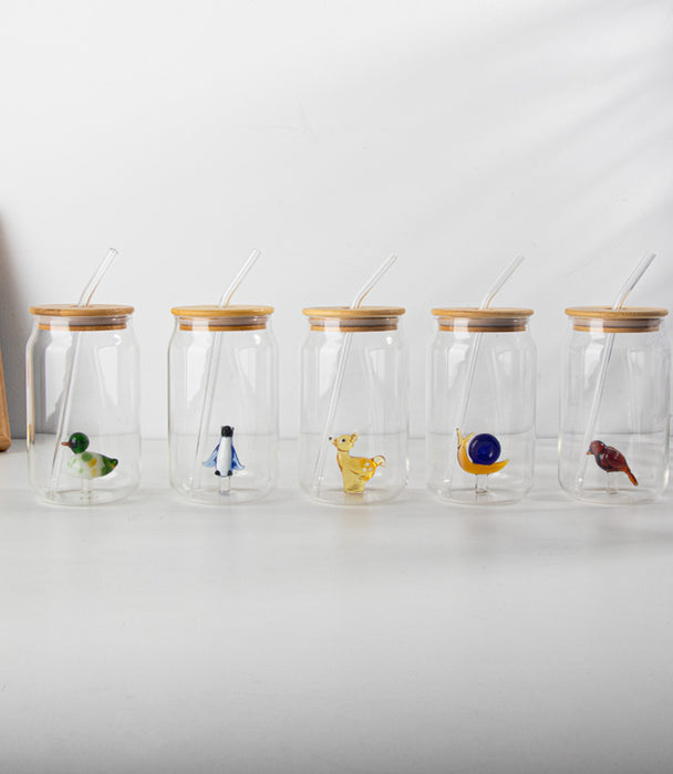 كوب كوكا كولا زجاجي مع مجسّم بطريق وغطاء وشفاطة - 7.5×13.5سم