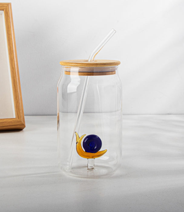 كوب كوكا كولا زجاجي مع مجسّم حلزون وغطاء وشفاطة - 7.5×13.5سم