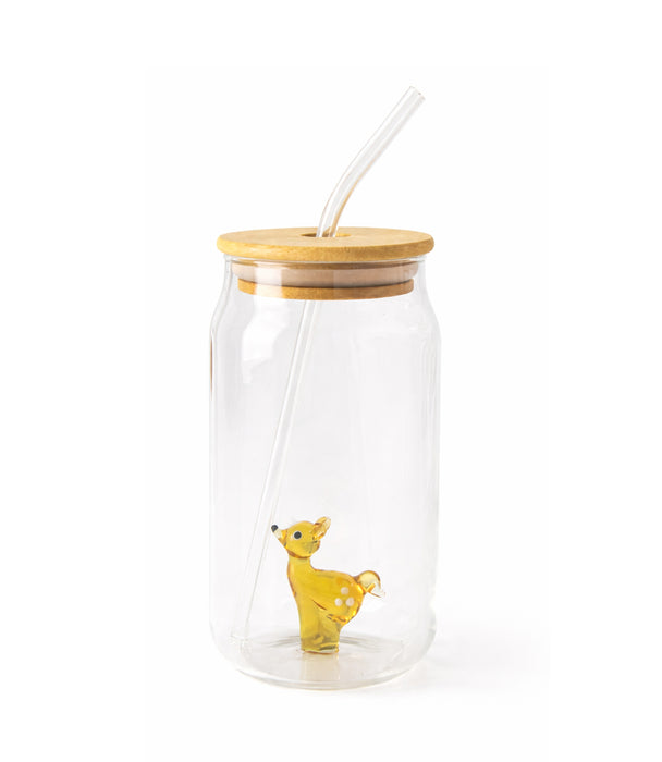 كوب كوكا كولا زجاجي مع مجسّم غزال وغطاء وشفاطة - 7.5×13.5 سم