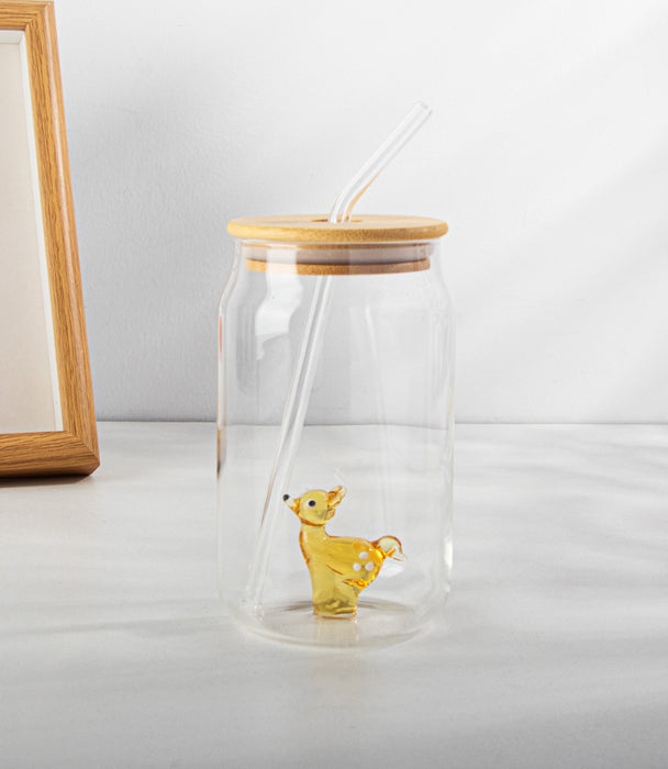 كوب كوكا كولا زجاجي مع مجسّم غزال وغطاء وشفاطة - 7.5×13.5 سم