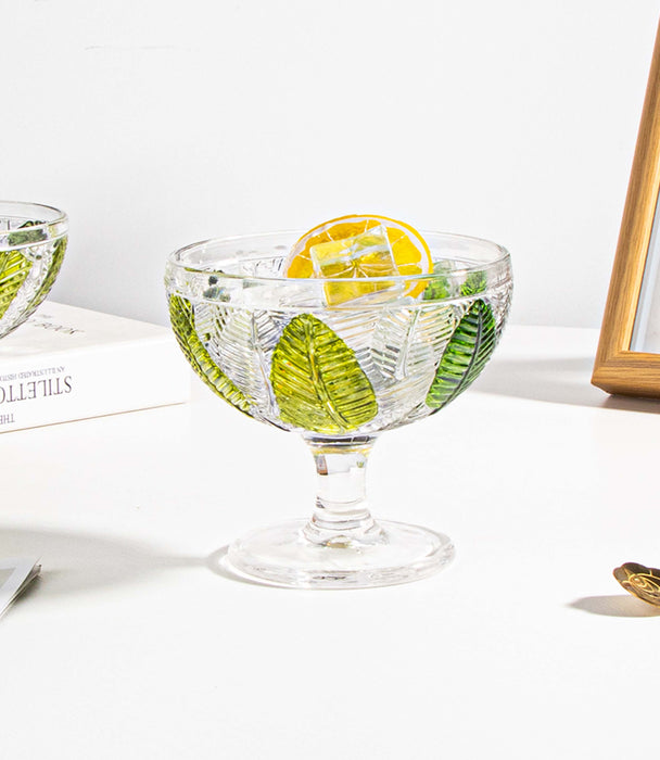 وعاء آيس كريم ليف زجاجي مزيّن بأوراق خضراء - 11.5×11.5×11 سم