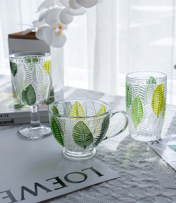 كوب ليف زجاجي مزيّن برسومات أوراق خضراء - 11×11×9 سم