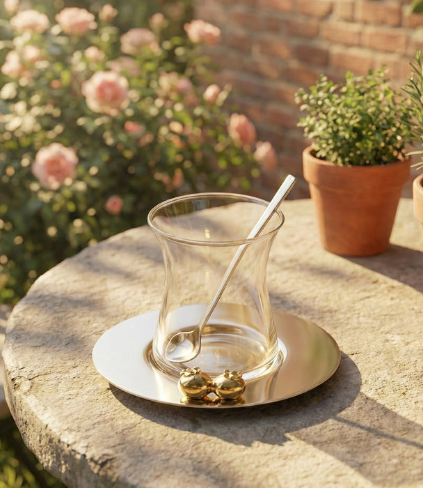 Gold Pomegranate Istikana Cups With Stainless Steel Saucers