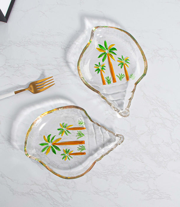 صحن روومرز زجاج بشكل صدفة ورسمة أشجار نخيل - 20.5×15×2.8 سم