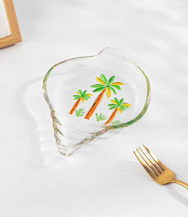 صحن روومرز زجاج بشكل صدفة ورسمة أشجار نخيل - 20.5×15×2.8 سم