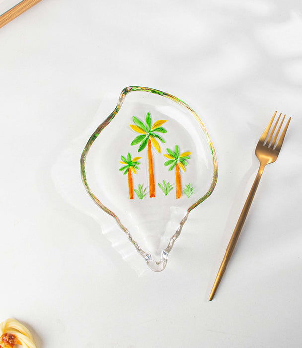 صحن روومرز زجاج بشكل صدفة ورسمة أشجار نخيل - 20.5×15×2.8 سم