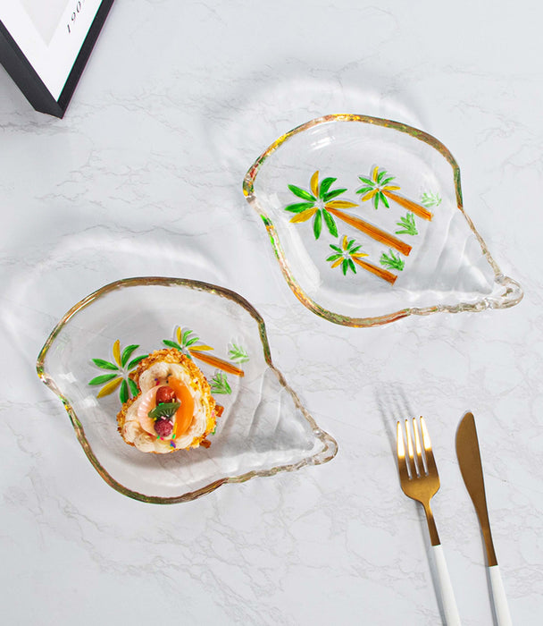 صحن روومرز زجاج بشكل صدفة ورسمة أشجار نخيل - 20.5×15×2.8 سم