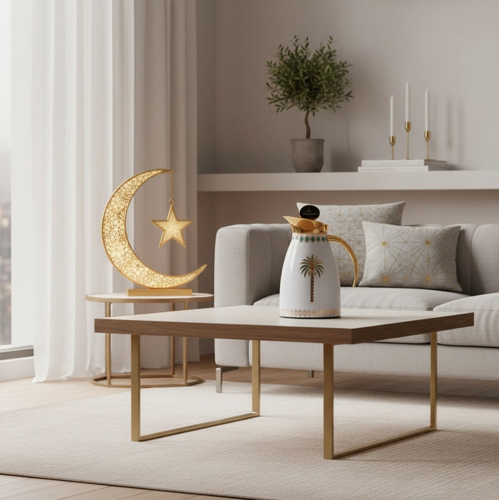 ترمس بالم ستانلس ستيل أبيض وذهبي برسمة نخيل - 0.7 لتر