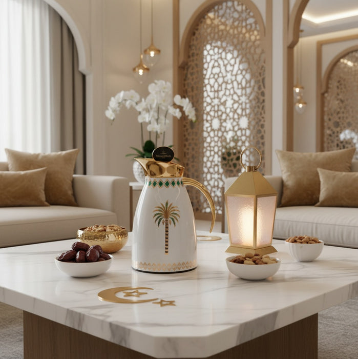 ترمس بالم ستانلس ستيل أبيض وذهبي برسمة نخيل - 0.7 لتر