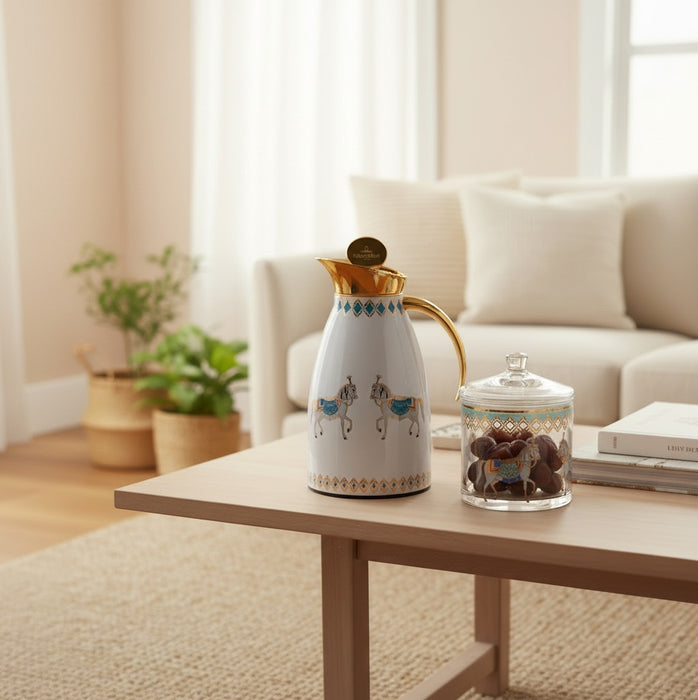 ترمس تيفاني ستانلس ستيل أزرق وذهبي برسمة خيول - 0.7 لتر