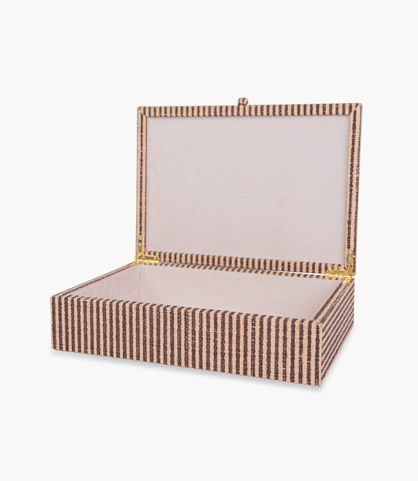 Tranquility Striped Print Raffia Box, Brown, 35.5x25cm - Roomours UAE